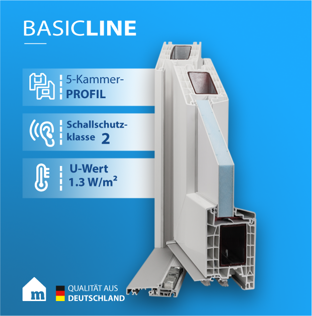 Die Produkteigenschaften von der Basicline-Haustüre mit einem Querschnitt dargestellt